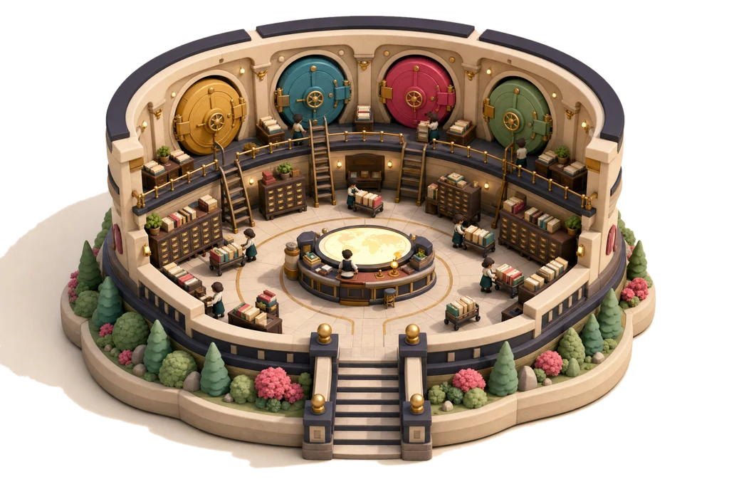 Miniature archive hall with four vaults